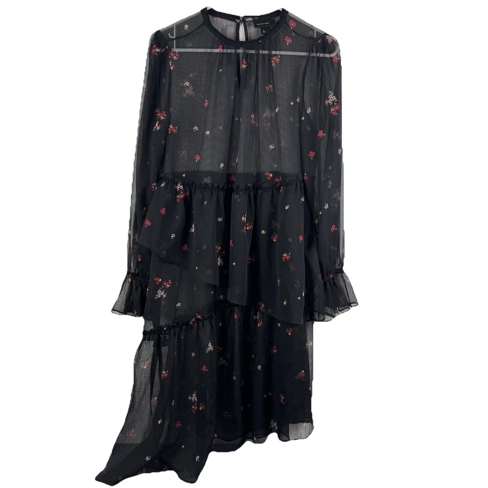WHO WHAT WEAR Womens sheer dress romantic layered black floral - S
